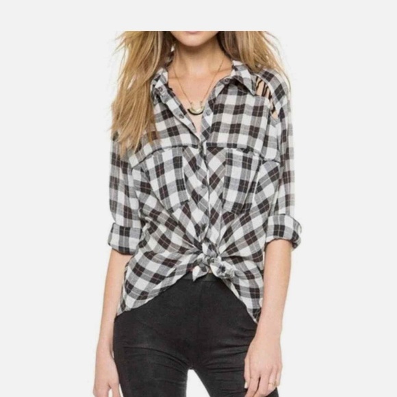 Free People Plaid Gauzy  Blouse Size Large - Picture 2 of 6